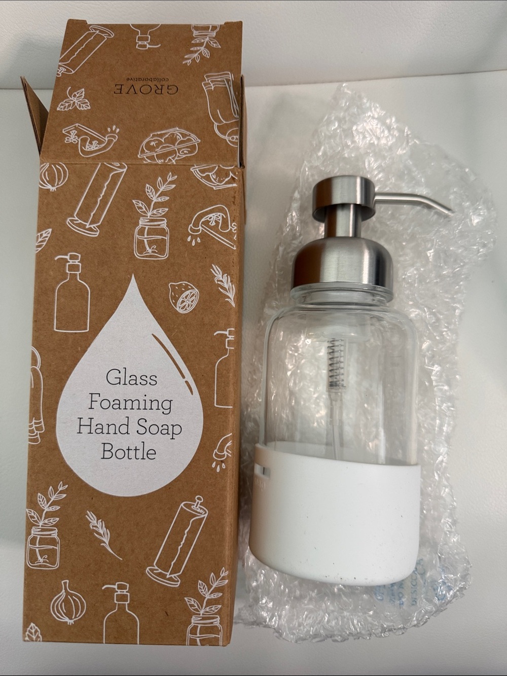 Grove Collaborative Glass Foaming Hand Soap Bottle - White & Silver